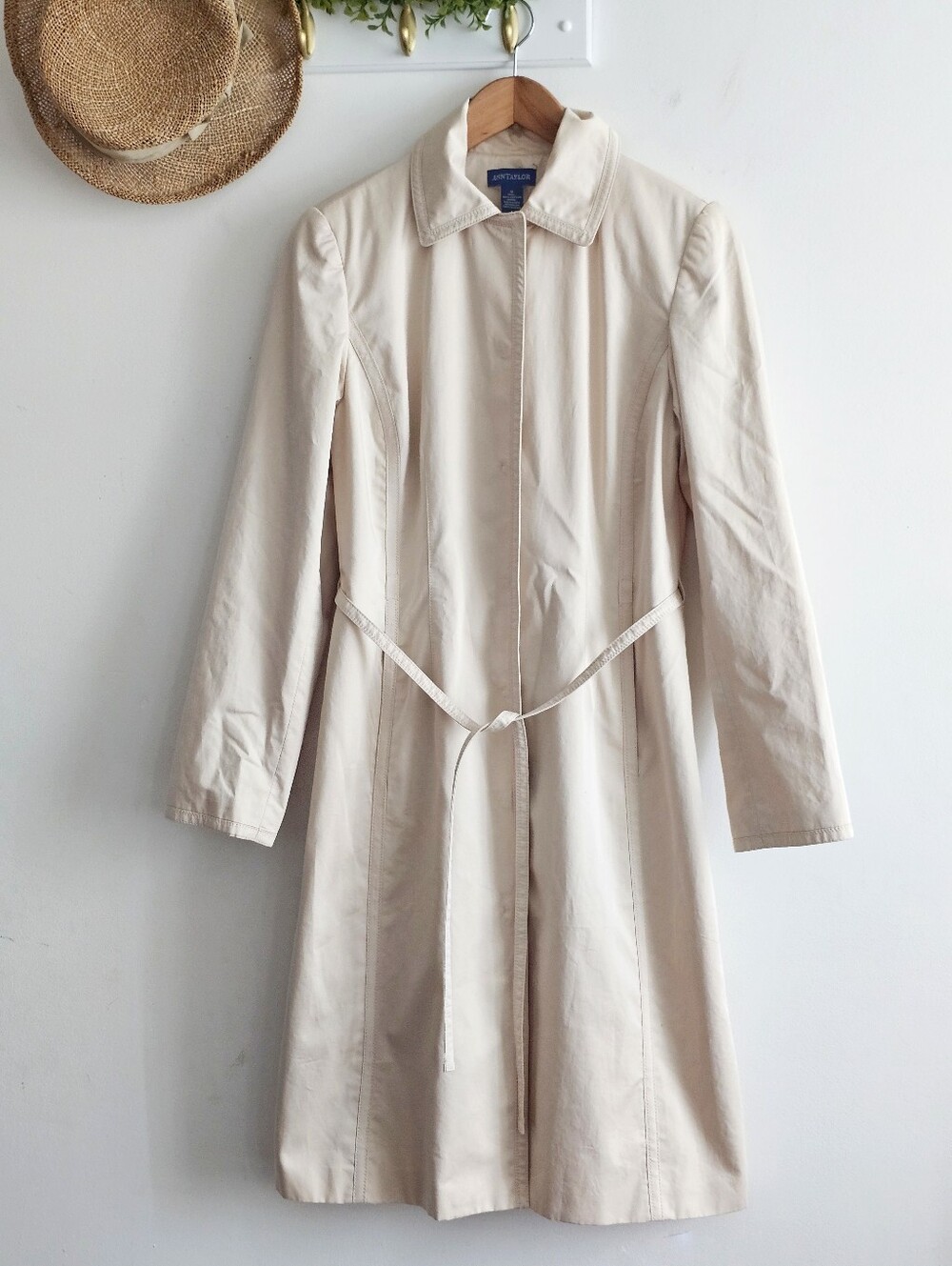 Ann Taylor Vintage Cream Cotton Belted Long Trench Coat Hidden Snap Size 6